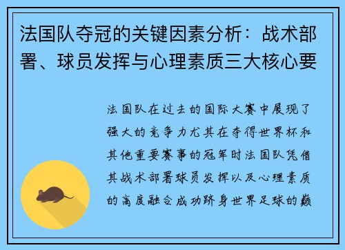 法国队夺冠的关键因素分析：战术部署、球员发挥与心理素质三大核心要素